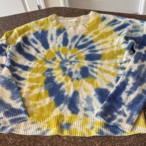 Lisa Todd Blue Yellow Tie-Dye 💯 CASHMERE Crewneck Sweater-S